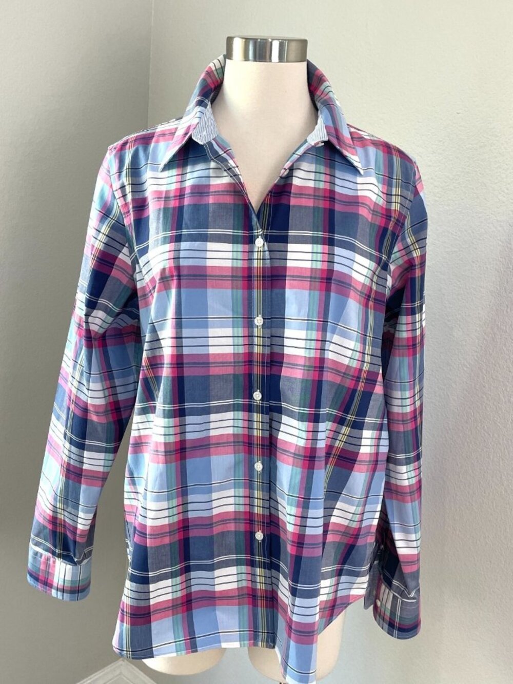 CHAPS Womens XL No Iron Shirt Plaid Button Up Blouse Top Long Sleeve